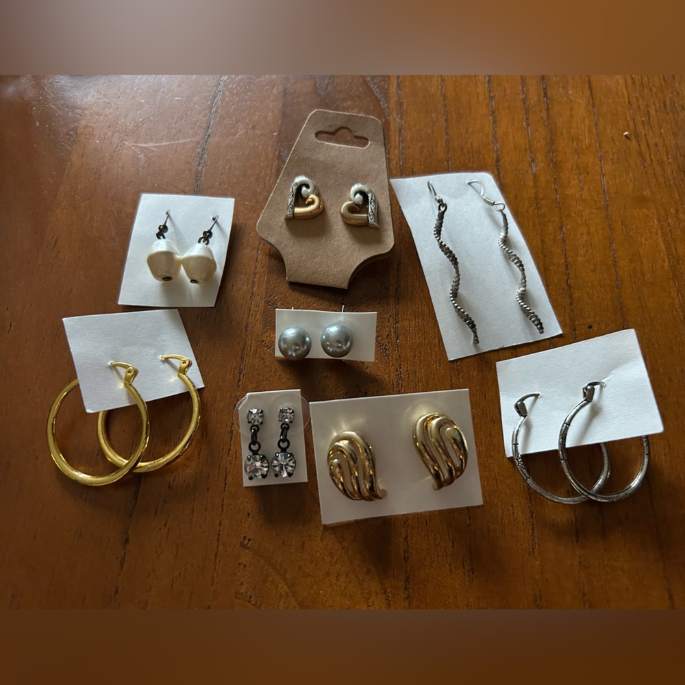 Lot of 5 Dangly and 3 Stud Earrings - Hearts, Gold, Hoops, Faux Pearl